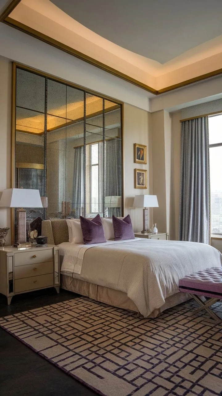 This Art Deco bedroom is a stunning masterpiece where geometric lines and luxurious textures harmonize to showcase a life of refined elegance.