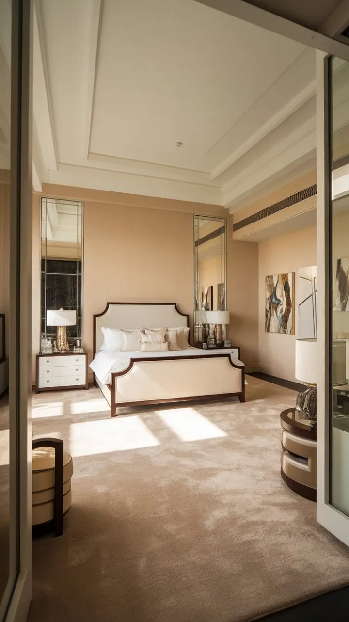 This luxurious apartment features a serene bedroom with high ceilings and Art Deco accents, blending calming beige tones with rich dark wood for a tranquil retreat.