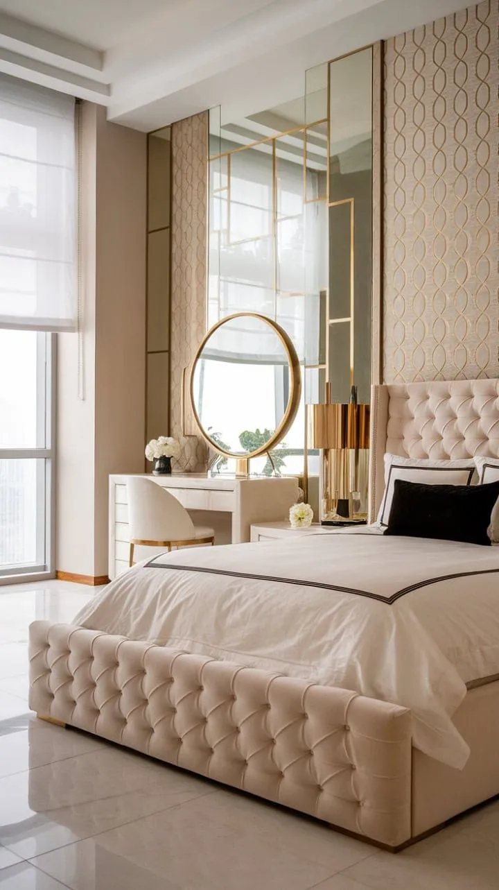 Experience a breathtaking escape in this Art Deco-inspired haven, where luxurious textures and gleaming gold accents embody timeless elegance and refined comfort.