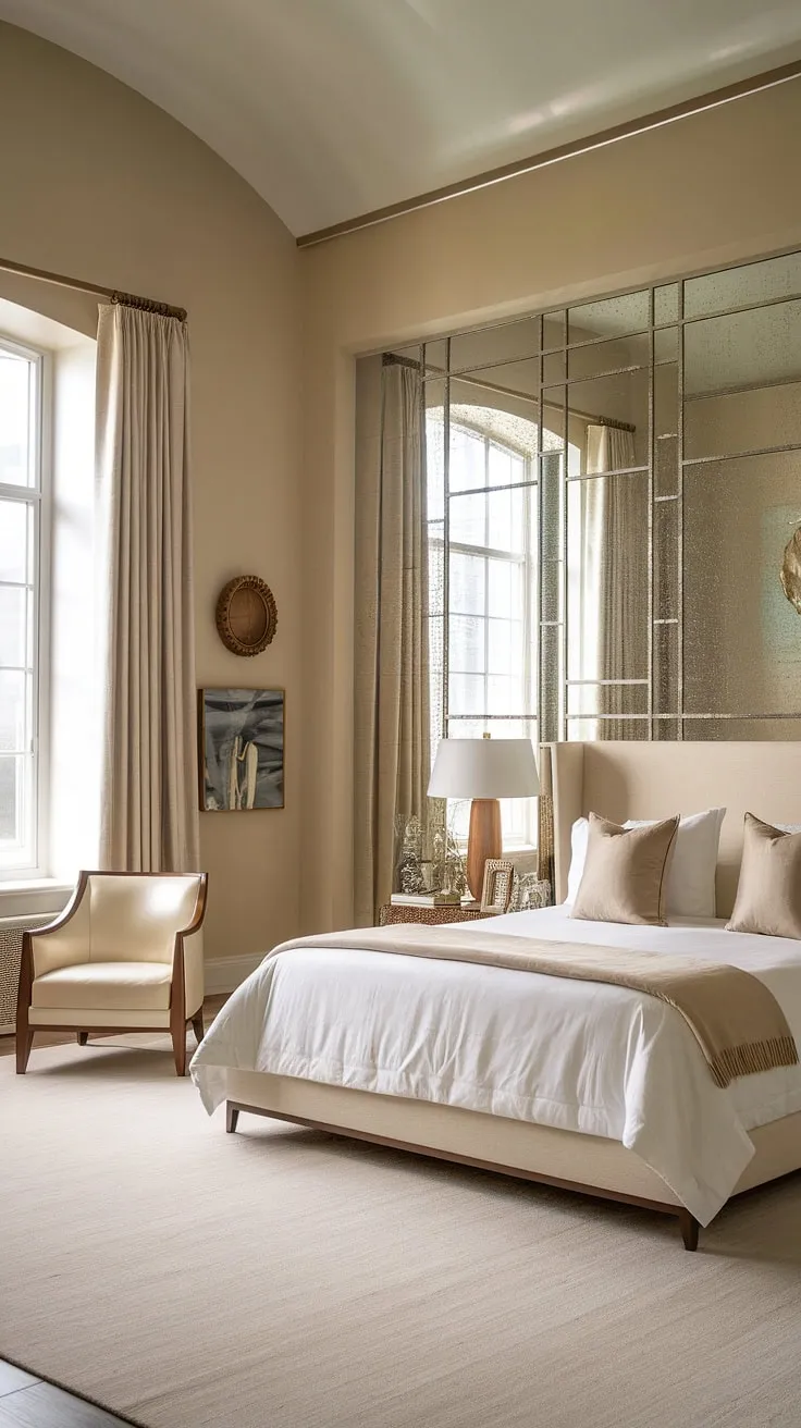 This serene bedroom is a testament to the enduring appeal of Art Deco. The high ceilings and large windows flood the space with light, highlighting the luxurious textures and subtle details. A haven of tranquility, designed for restful nights and peaceful mornings.