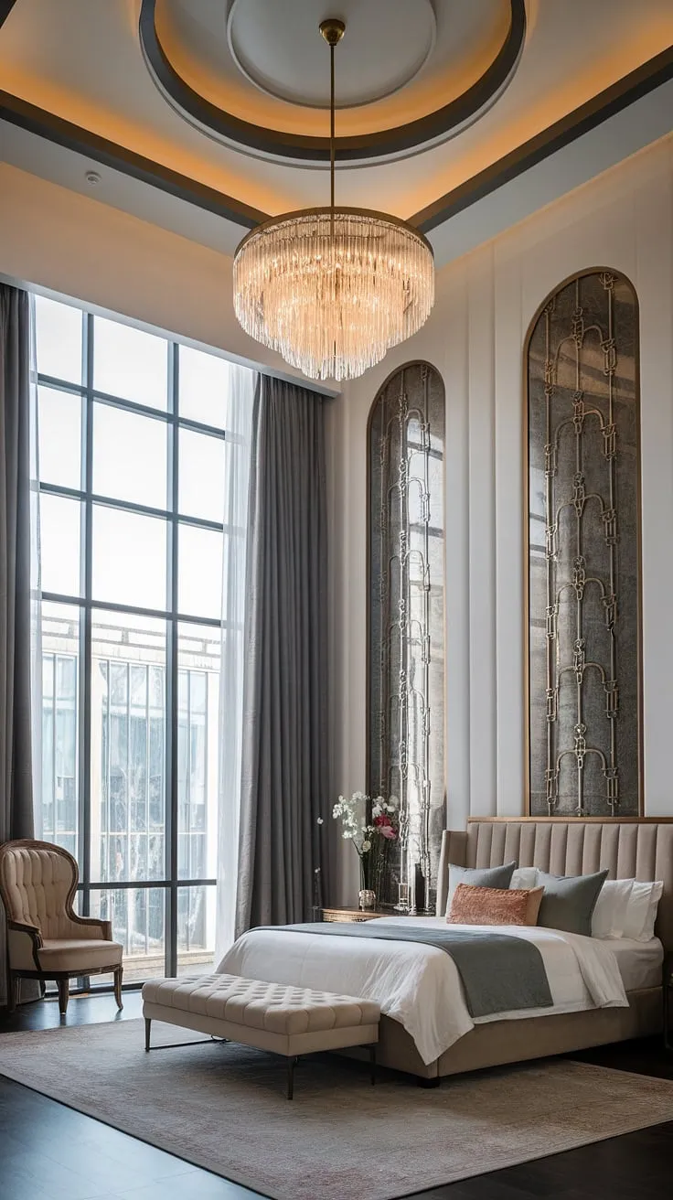Indulge in the opulent embrace of this Art Deco-inspired haven. The geometric patterns, shimmering chandelier, and plush furnishings create a sanctuary of sophisticated comfort, where every detail whispers luxury. A perfect blend of vintage charm and modern elegance, this bedroom is a testament to refined living. A truly breathtaking escape.