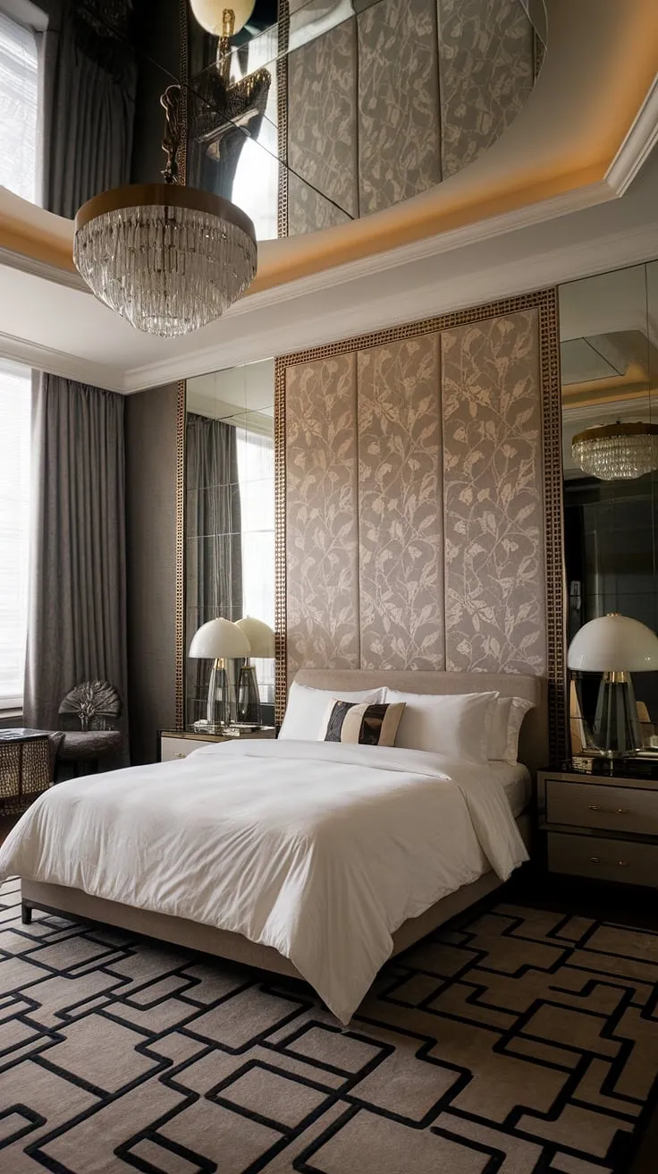 Step into a world of refined elegance. This Art Deco haven, with its soaring ceilings and intricate details, offers a sanctuary of sophisticated comfort. The geometric patterns, shimmering mirror, and vintage chandelier create an atmosphere of timeless glamour. A luxurious escape, a testament to classic design, and a space where modern meets vintage seamlessly.