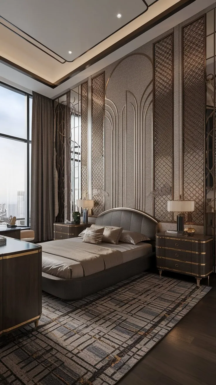 Indulge in the opulence of this Art Deco haven. The high ceilings and expansive windows flood the space with light, highlighting the exquisite detail in the walls and the luxurious dark wood furnishings. A truly breathtaking example of modern design and classic style.