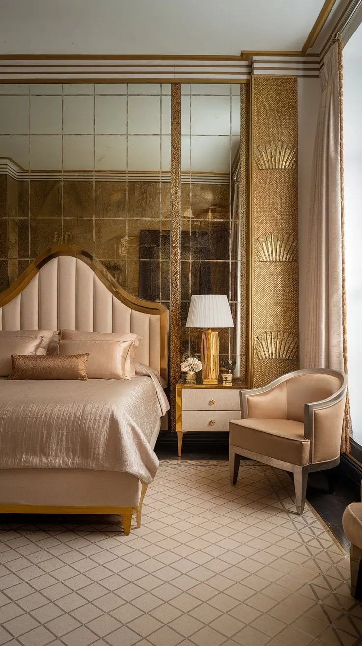 Indulge in the opulence of this Art Deco bedroom. A symphony of beige and gold, the space exudes a sense of timeless glamour. The carefully curated details, from the geometric flooring to the elegant chair, create a haven of tranquility and refined taste. A testament to luxurious living.