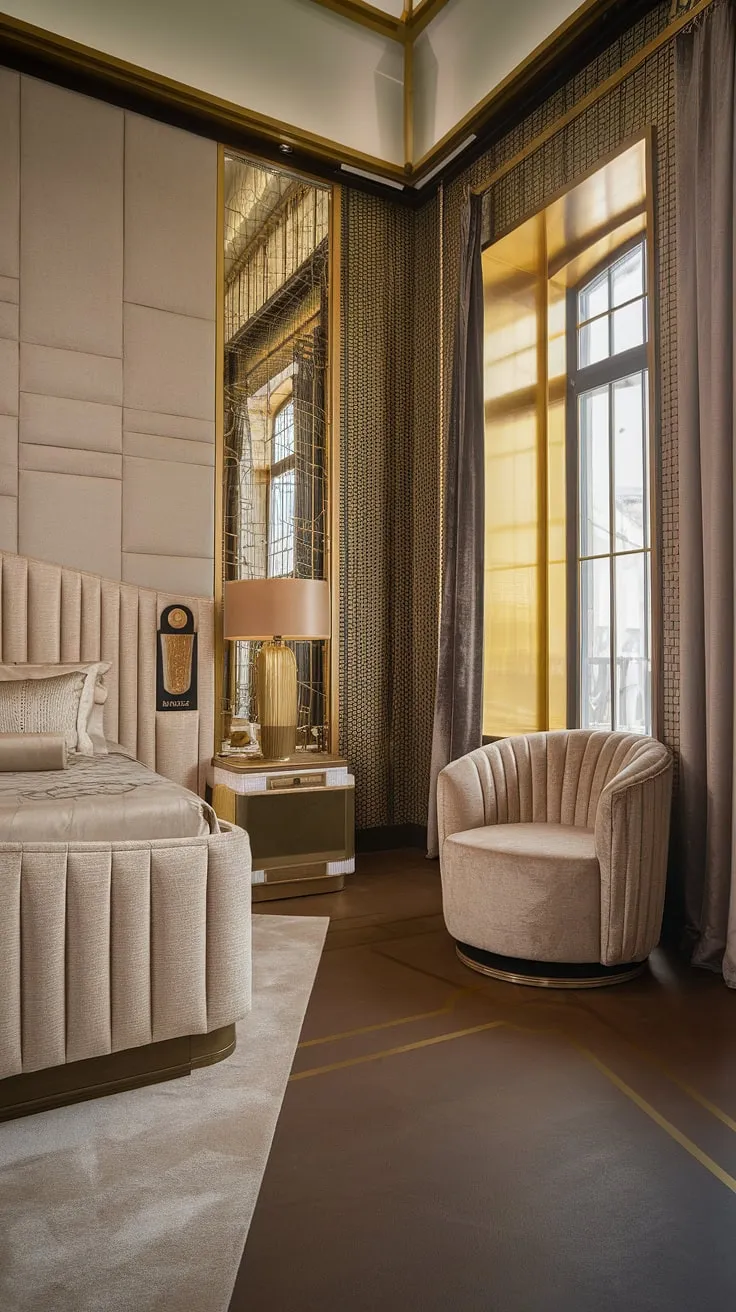 Indulge in the opulence of this Art Deco haven. The rich textures, from the beige headboard to the plush chair, are complemented by the shimmering gold details and dark wood floors. A space where modern comfort meets classic sophistication, offering a tranquil escape from the everyday.