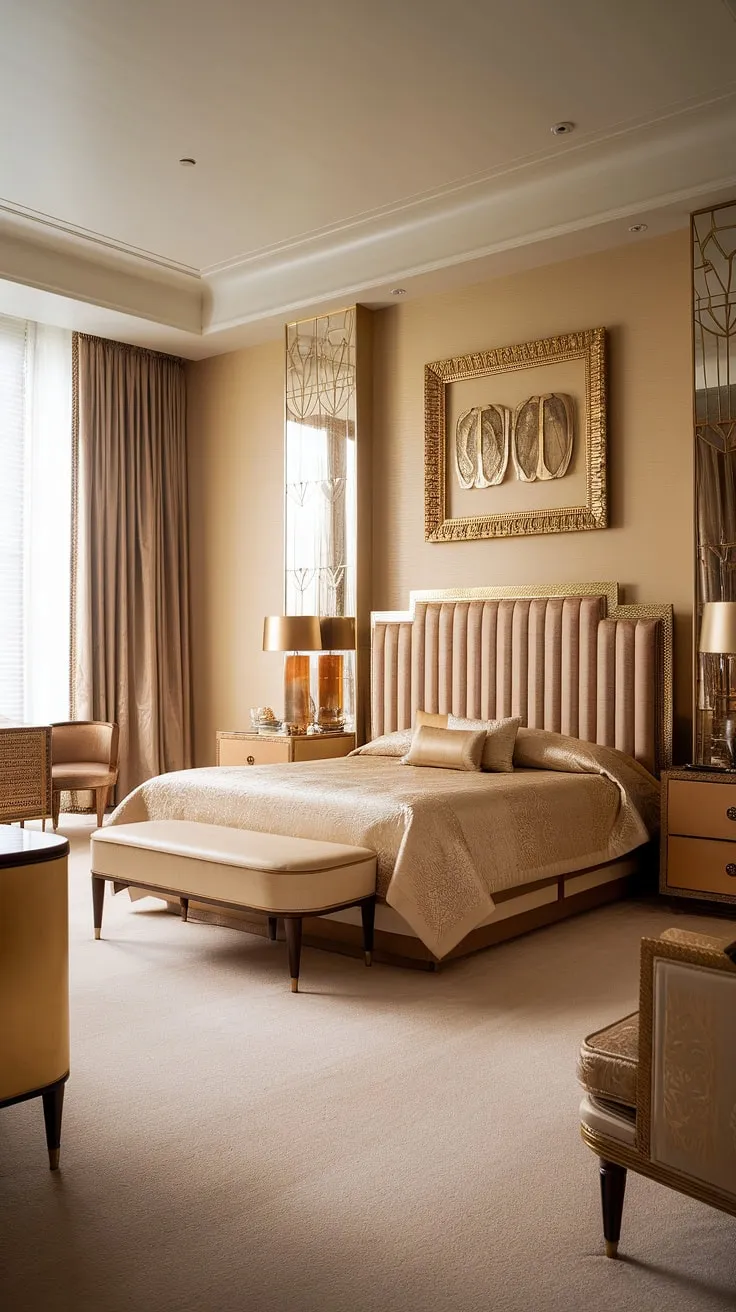 Indulge in the opulence of this Art Deco masterpiece. A symphony of beige and gold, the room exudes a sense of quiet luxury. Every detail, from the intricately patterned headboard to the gleaming gold accents, speaks to a bygone era of unparalleled sophistication. A true escape for the discerning eye.