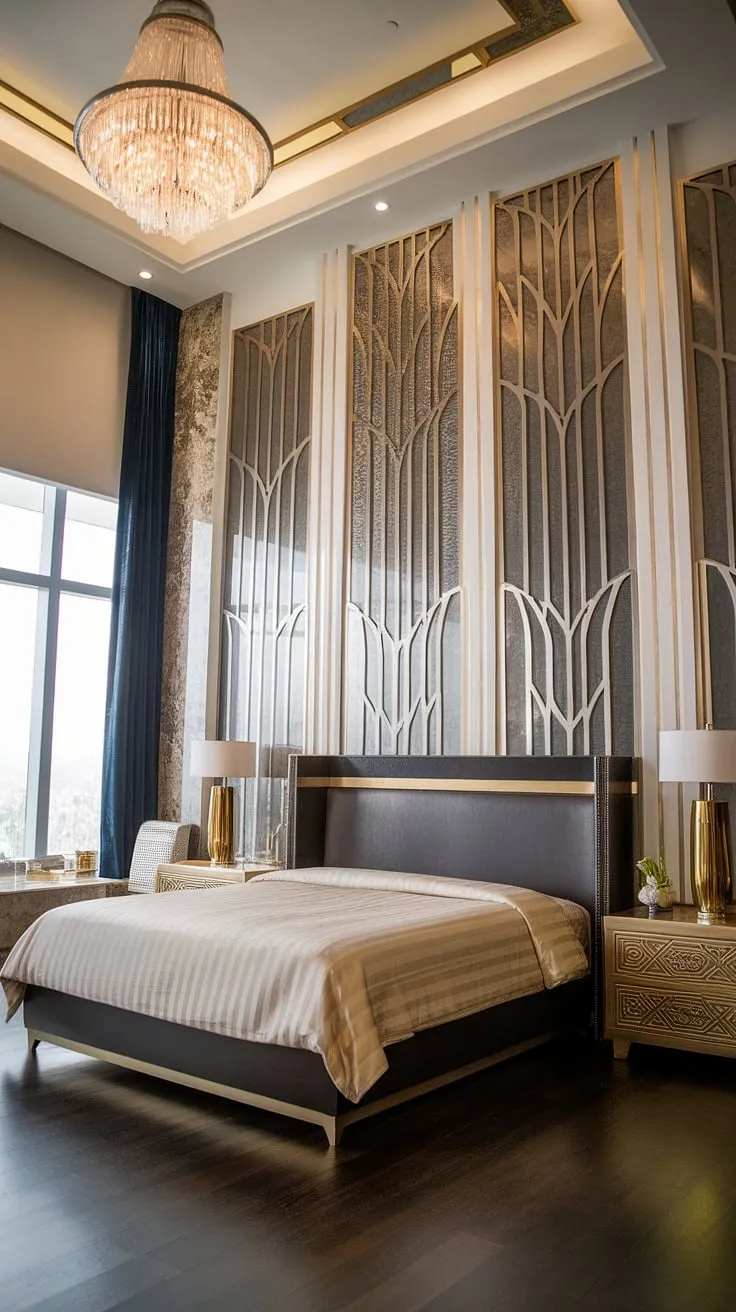 Indulge in the glamour of this Art Deco haven. The geometric gold and white accents, combined with the dark wood flooring and majestic chandelier, create an atmosphere of timeless luxury. A truly breathtaking space designed for restful nights and unforgettable mornings.