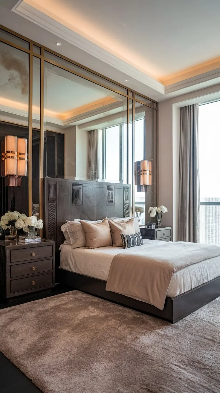 Step into a sanctuary of sophisticated style. This Art Deco-inspired bedroom, with its high ceilings and geometric headboard, offers a luxurious escape. The plush rug and gold accents add a touch of glamour, creating a space where modern comfort meets timeless elegance. A truly breathtaking retreat.