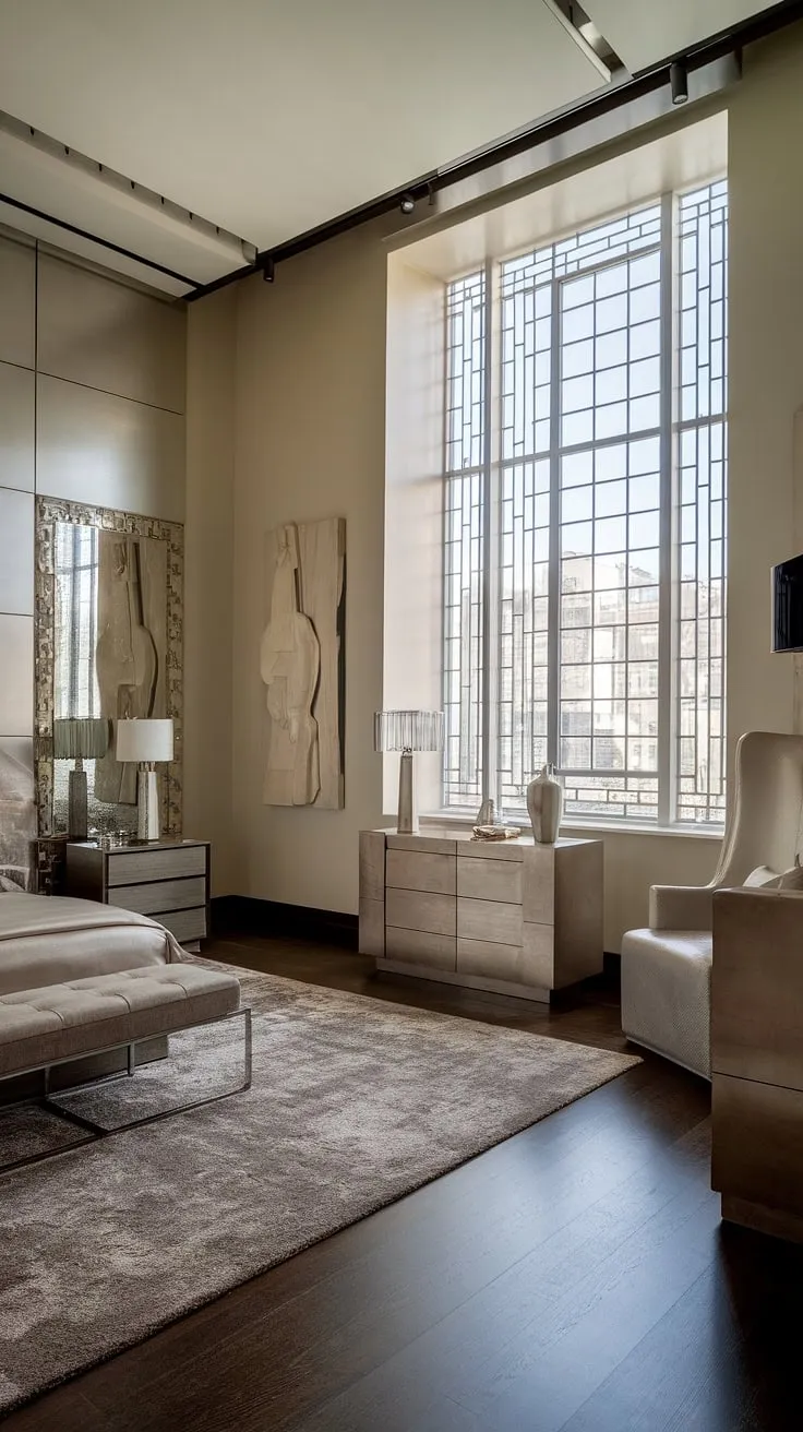 Step into a world of refined elegance. This Art Deco haven, with its soaring ceilings and geometric furniture, offers a sanctuary of calm and sophistication. The large window, framed in decorative metal, bathes the space in natural light, highlighting the luxurious details. A perfect blend of modern comfort and timeless design.