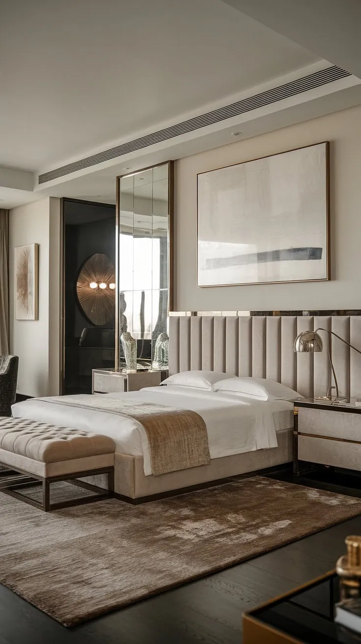 Step into a world of refined luxury. This Art Deco-inspired bedroom, complete with a plush king-size bed and statement artwork, offers a tranquil escape. The clean lines and geometric shapes create a space that is both stylish and serene.