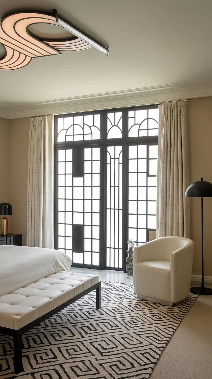 A sophisticated sanctuary where Art Deco elegance meets modern comfort. The interplay of black and white, accented by soft beige walls, creates a space of refined tranquility.