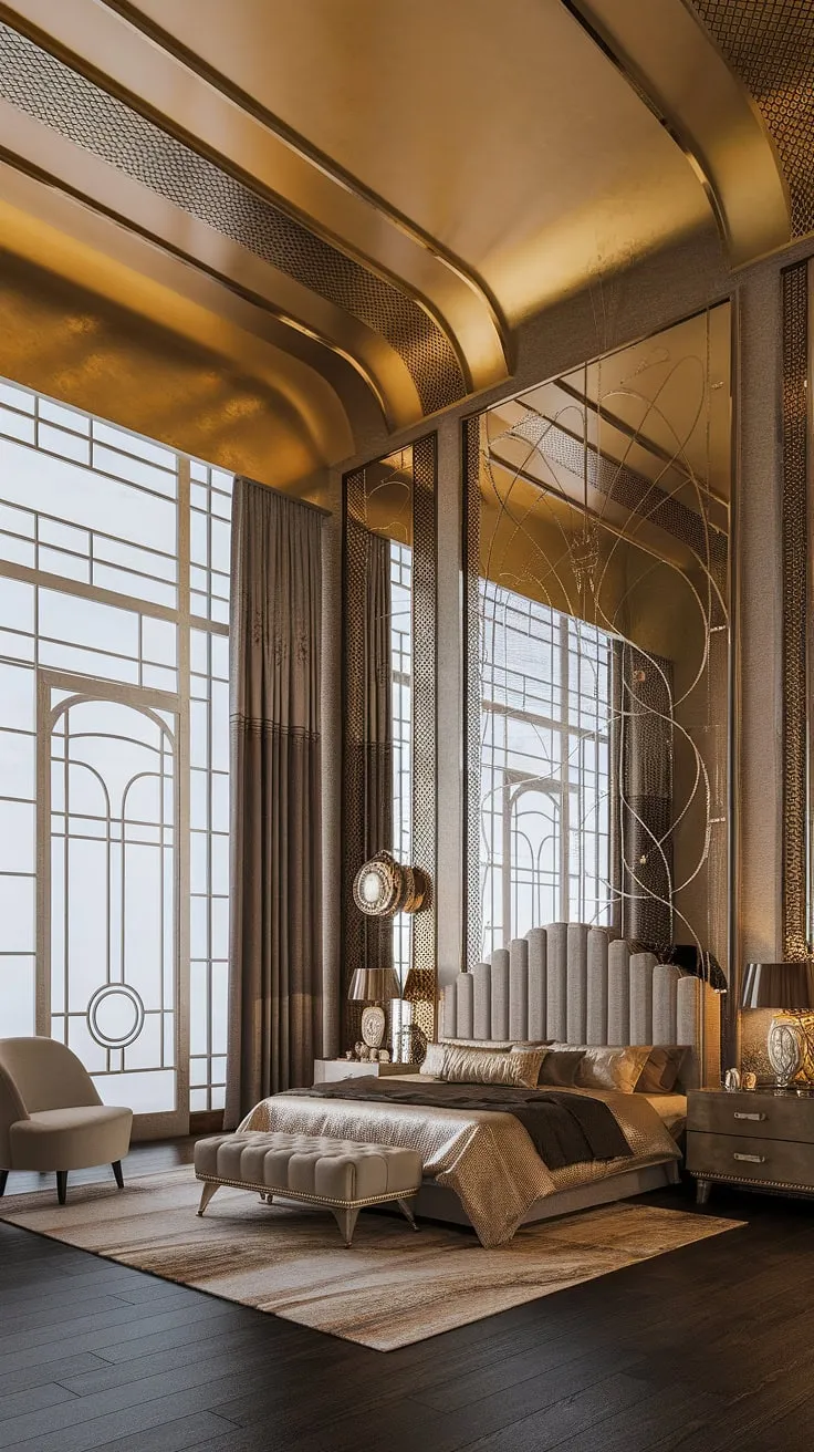 Step into a world of gilded glamour. This Art Deco masterpiece, with its high ceilings, intricate patterns, and luxurious metallic accents, redefines opulent comfort. The king-size bed, plush headboard, and rich dark wood floors create a haven of sophisticated elegance. A testament to the enduring allure of the era.