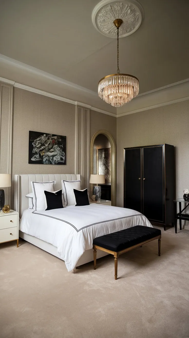 Step into a sanctuary of sophisticated style. This Art Deco bedroom, with its high ceilings and luxurious details, offers a haven of calm and elegance. The interplay of light and shadow, the subtle textures, and the carefully chosen furnishings create an atmosphere of refined comfort. A testament to timeless design.