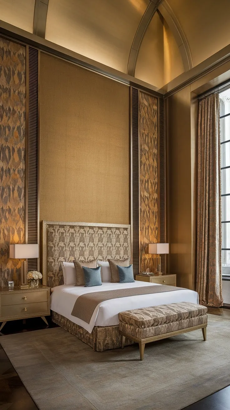 Indulge in the refined beauty of this Art Deco bedroom. The rich textures, from the patterned walls to the luxurious bedding, create a haven of sophisticated style. Every detail, from the elegant lamps to the spacious king-size bed, speaks to a life of unparalleled comfort and grace. A perfect retreat.