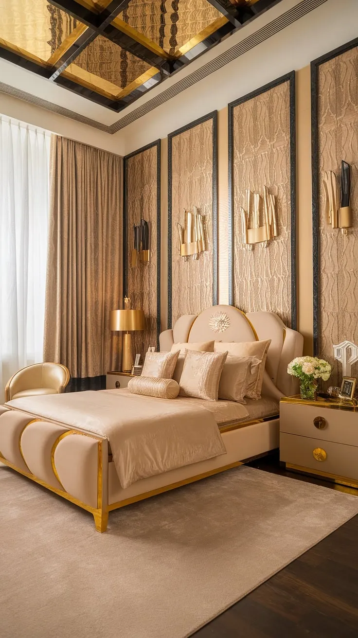 Step into a world of refined elegance in this Art Deco-inspired haven. The luxurious beige and gold palette, complemented by the intricate gold patterns, creates a space that is both modern and timeless. A perfect blend of comfort and style awaits.