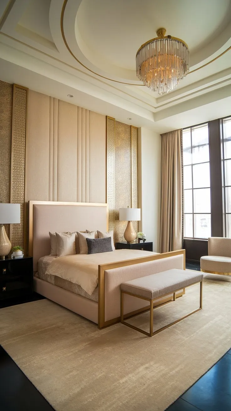 A luxurious escape defined by geometric patterns and a touch of gold. This bedroom's design seamlessly blends the grandeur of Art Deco with the clean lines of modern aesthetics, creating a space that is both inviting and undeniably chic. A true testament to refined living.