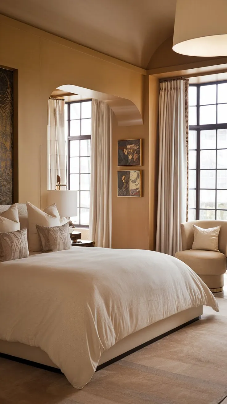 Indulge in the sophisticated serenity of this Art Deco-inspired bedroom. The plush bedding, warm neutral tones, and carefully curated artwork create a haven of calm and understated luxury. A perfect blend of classic elegance and modern comfort, this space is a testament to refined living.