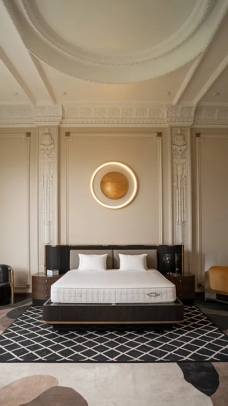 Indulge in the opulence of this meticulously designed Art Deco bedroom. The rich textures, the dramatic lighting, and the carefully chosen details all contribute to an ambiance of unparalleled luxury. A haven of calm and sophistication, this space is a testament to timeless design and refined taste. It's more than just a bedroom; it's an experience.