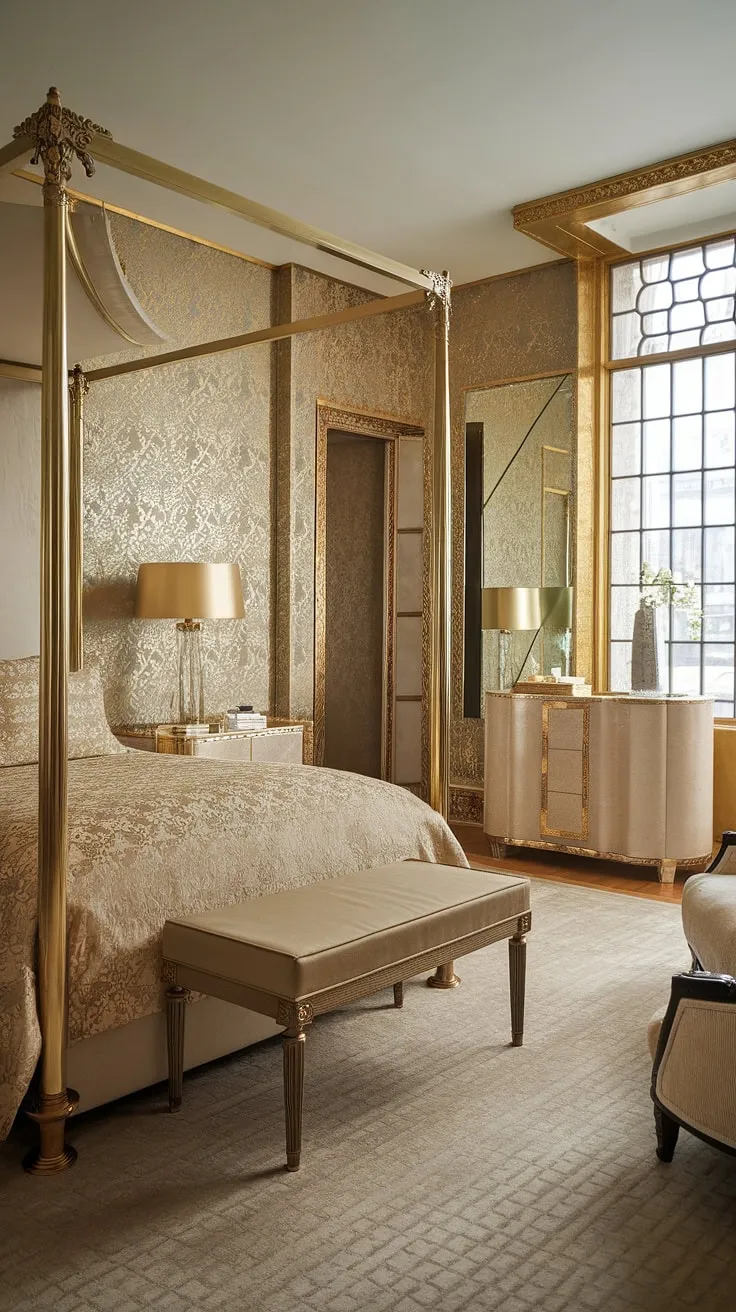 Step into a world of opulent elegance, where Art Deco dreams are woven into reality. The rich textures and shimmering gold accents create a haven of sophisticated comfort, a testament to timeless design and luxurious living. This is more than just a bedroom; it's an escape.