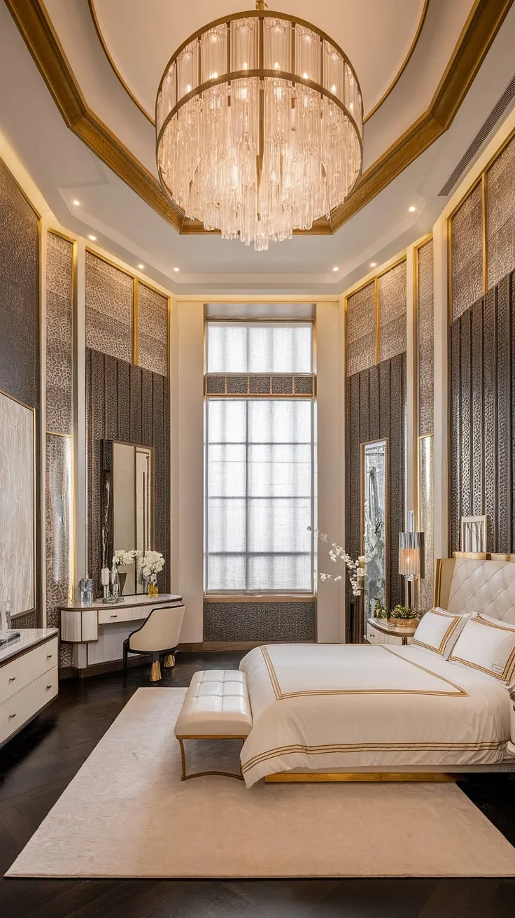 Step into a world of opulent elegance. This Art Deco haven, with its soaring ceilings and shimmering gold accents, is a testament to refined luxury. The intricate detailing, from the ornate chandelier to the bespoke furniture, creates an atmosphere of timeless sophistication. A sanctuary of calm and understated grandeur, it's a space designed for dreams.