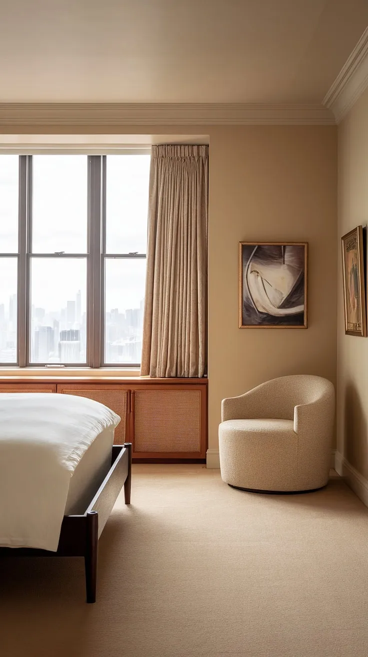 A king-sized slumber awaits in this exquisitely designed bedroom. The soft beige palette, punctuated by dark wood and city views, creates a space that's both luxurious and inviting. A perfect blend of old-world charm and contemporary style.