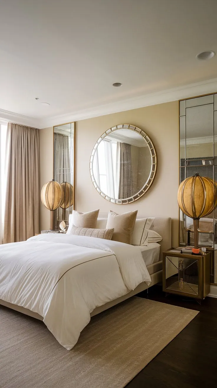 A serene bedroom retreat, effortlessly blending the geometric precision of Art Deco design with the understated luxury of a modern aesthetic. The interplay of light and shadow, highlighted by the golden lamps and strategically placed mirrors, creates a space that is both inviting and utterly captivating. A testament to timeless style.