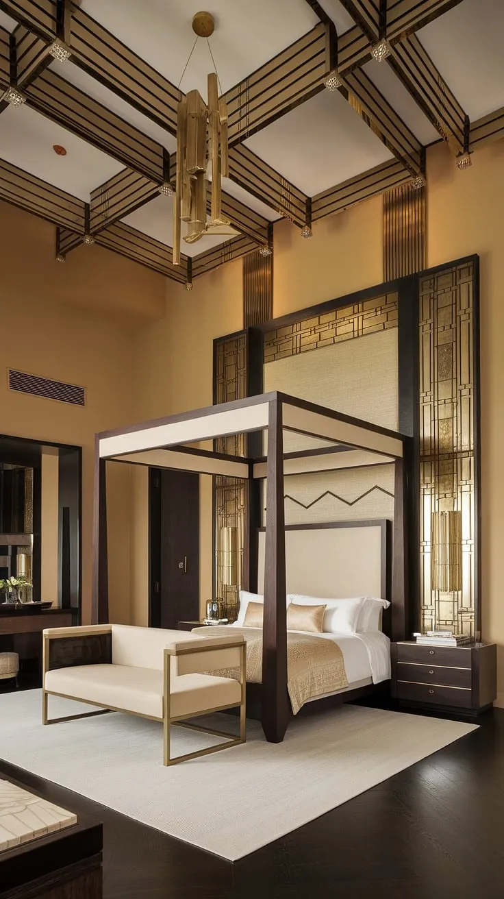 Indulge in the captivating allure of this Art Deco haven. The rich textures of dark wood and the gleaming brass fixtures create a sophisticated contrast against the warm beige walls. A meticulously crafted space, this bedroom offers a luxurious escape, where every detail, from the geometric patterns to the four-poster bed, speaks to a refined aesthetic. A true masterpiece of modern design.