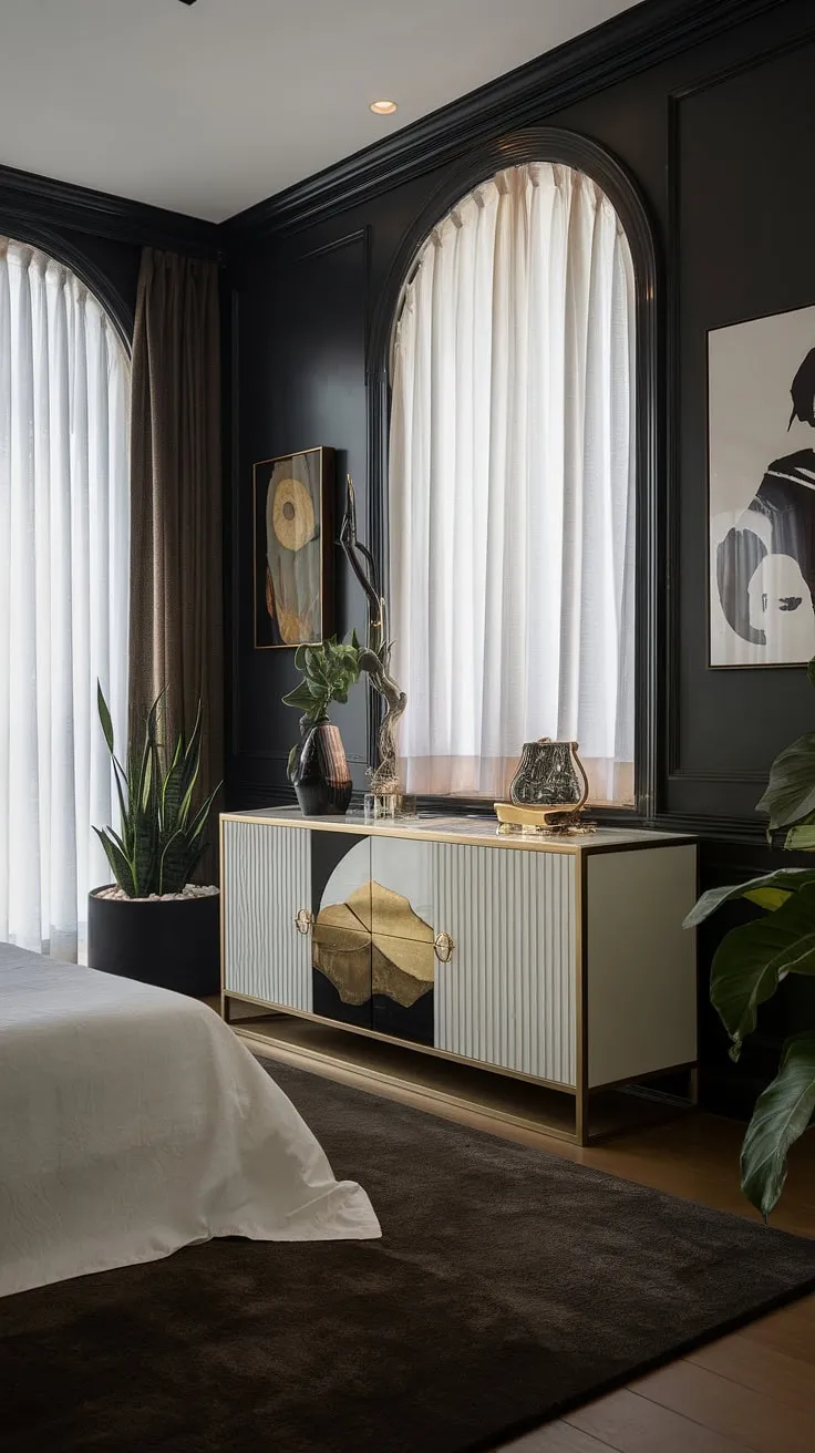 This Art Deco-inspired bedroom is a testament to luxurious simplicity. The rich, dark walls are beautifully contrasted by the white bedding and elegant gold-framed cabinet, creating a space that is both calming and captivating. A touch of greenery adds a vibrant element to this sophisticated retreat.