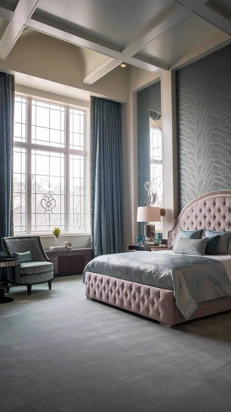 Where Art Deco elegance meets modern comfort. The plush king-size bed and geometric wallpaper create a sophisticated sanctuary, bathed in natural light from the ornate window. A perfect blend of old-world charm and contemporary style, this bedroom is a haven of tranquility.