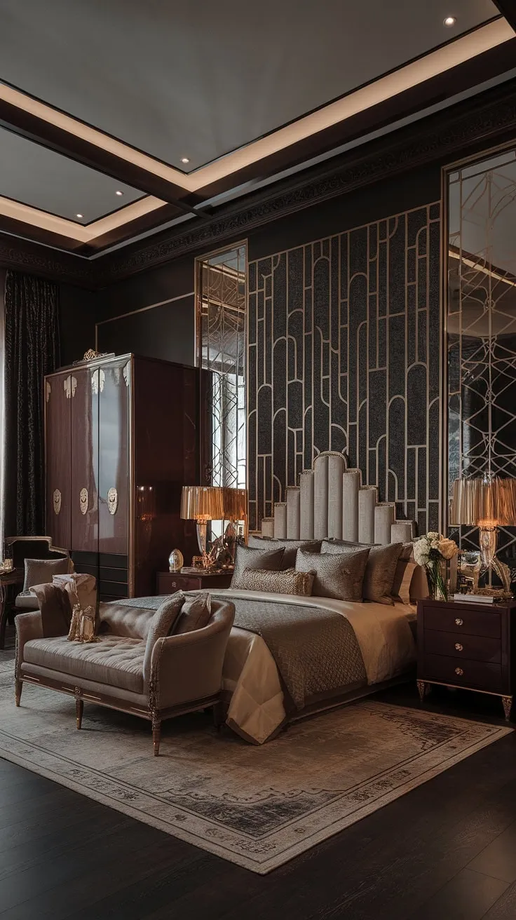Step into a world of refined elegance. This Art Deco haven, with its rich dark wood, shimmering gold accents, and plush textures, redefines luxurious comfort. The high ceilings and intricate detailing create an atmosphere of sophisticated grandeur. A sanctuary designed for the discerning eye.