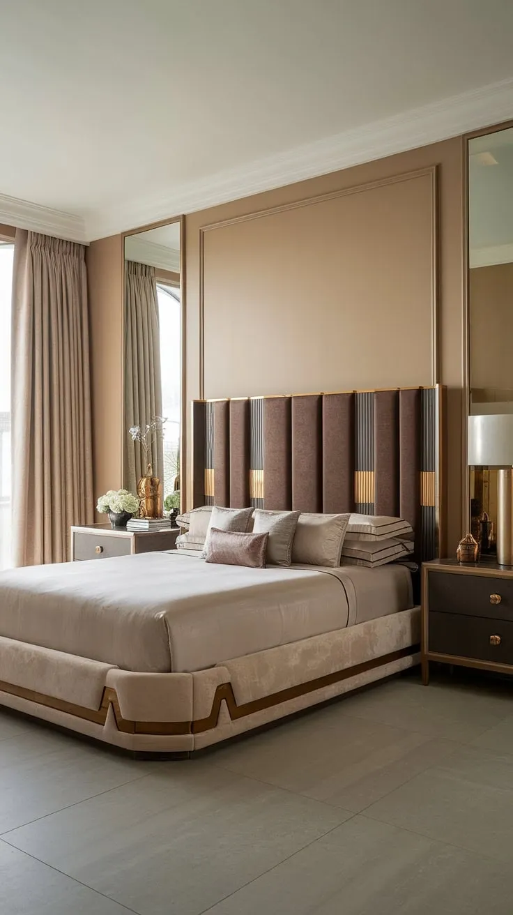 Escape to this exquisitely designed bedroom, where Art Deco glamour meets modern comfort. The king-sized bed, a centerpiece of rich textures and gold detailing, is flanked by elegant nightstands, each holding a touch of understated luxury. The soft beige walls and grey tiles create a calming backdrop, enhancing the overall sense of peaceful sophistication. A true retreat for the discerning eye.