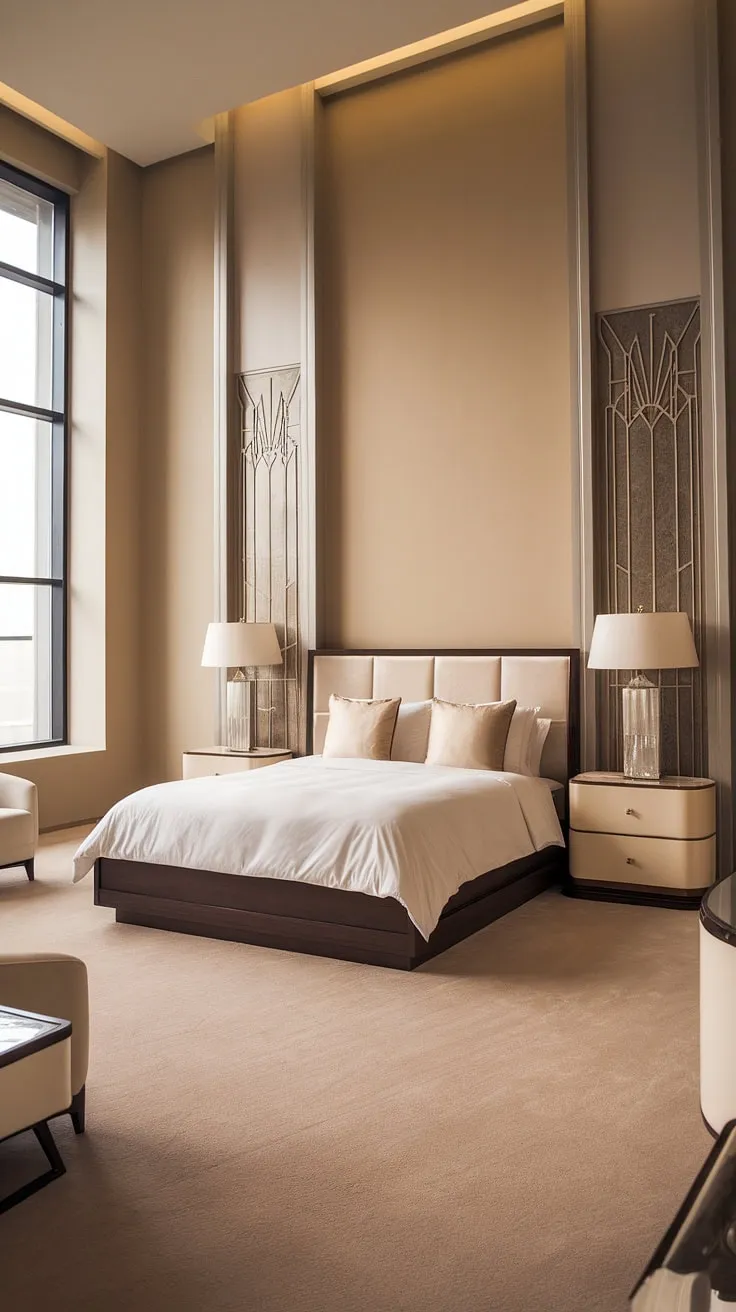 Step into a sanctuary of refined elegance. This Art Deco haven, with its high ceilings and sun-drenched windows, offers a luxurious escape where minimalist design meets timeless sophistication. The subtle beige palette and dark wood accents create a calming atmosphere, perfect for unwinding after a long day. A testament to understated luxury.