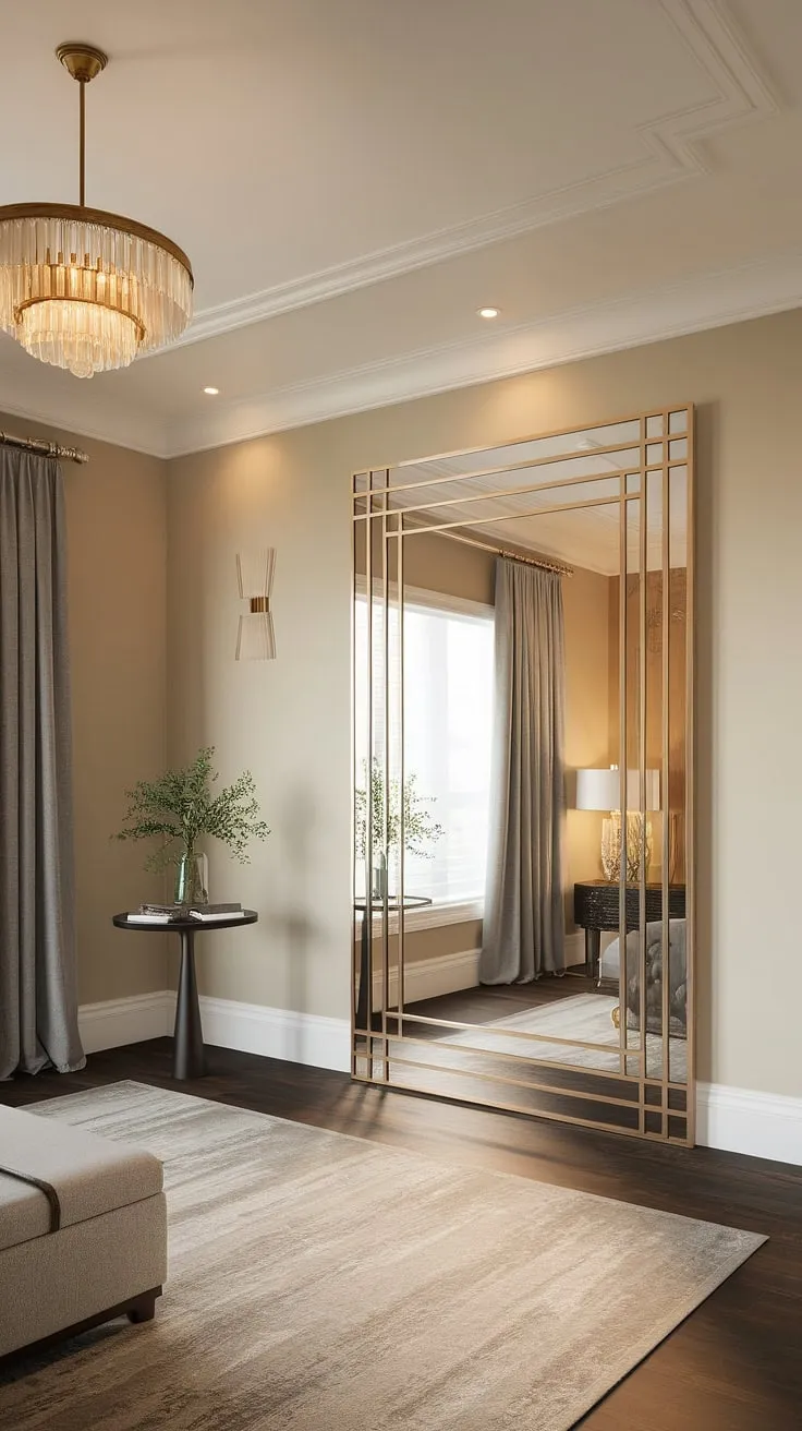 Bathed in warm light, this Art Deco-inspired bedroom is a testament to timeless design. The geometric mirror, a striking focal point, reflects the room's sophisticated ambiance, creating a space both luxurious and inviting.