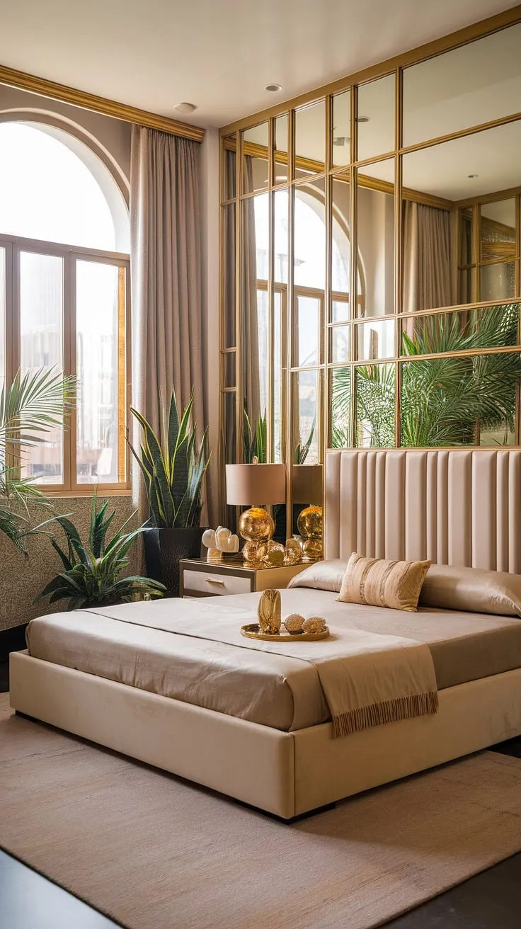 Step into a world of refined luxury. This Art Deco-inspired bedroom is a testament to elegant simplicity, where the interplay of beige and gold creates a calming yet captivating atmosphere. A sanctuary of peace and tranquility, it's a space designed for relaxation and rejuvenation.