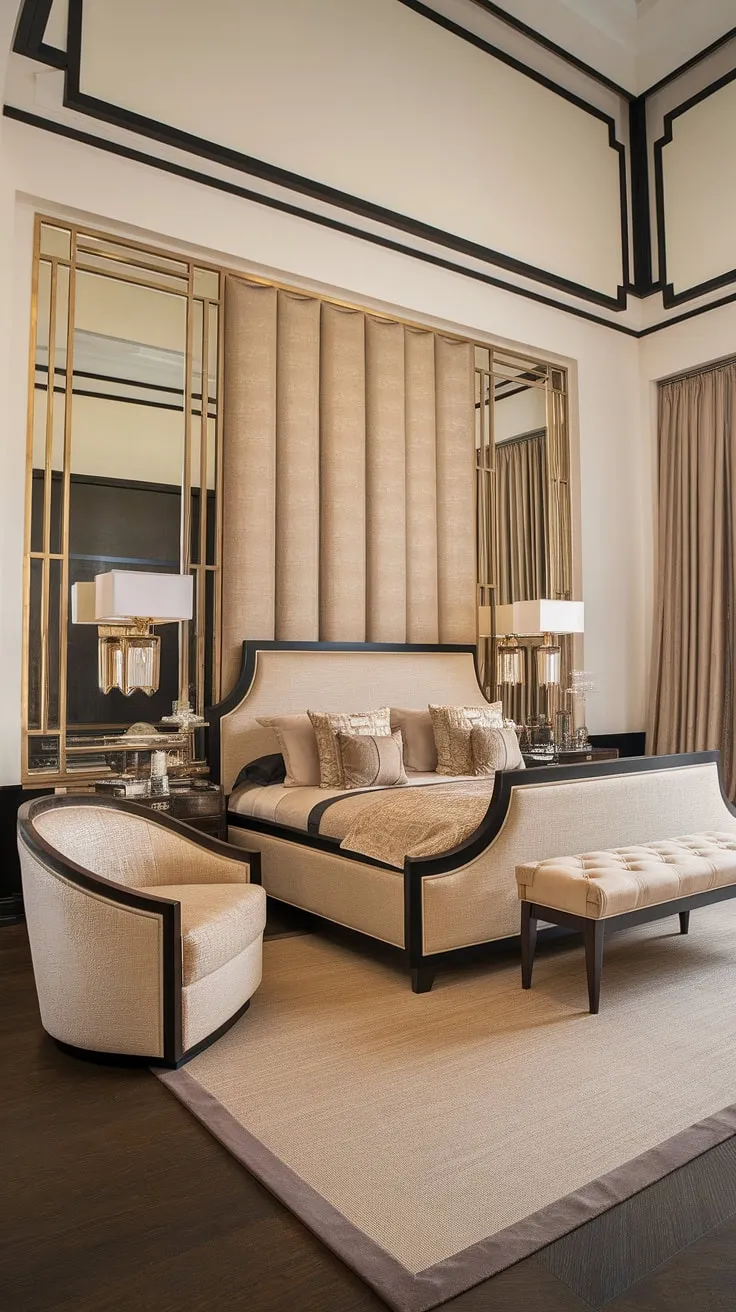 Step into a world of refined glamour. This Art Deco bedroom, with its high ceilings and luxurious furnishings, is a testament to timeless design. The interplay of beige, black, and gold creates a sophisticated atmosphere, while the carefully chosen details-from the geometric patterns to the elegant chair-speak volumes about understated luxury. A true masterpiece of design.