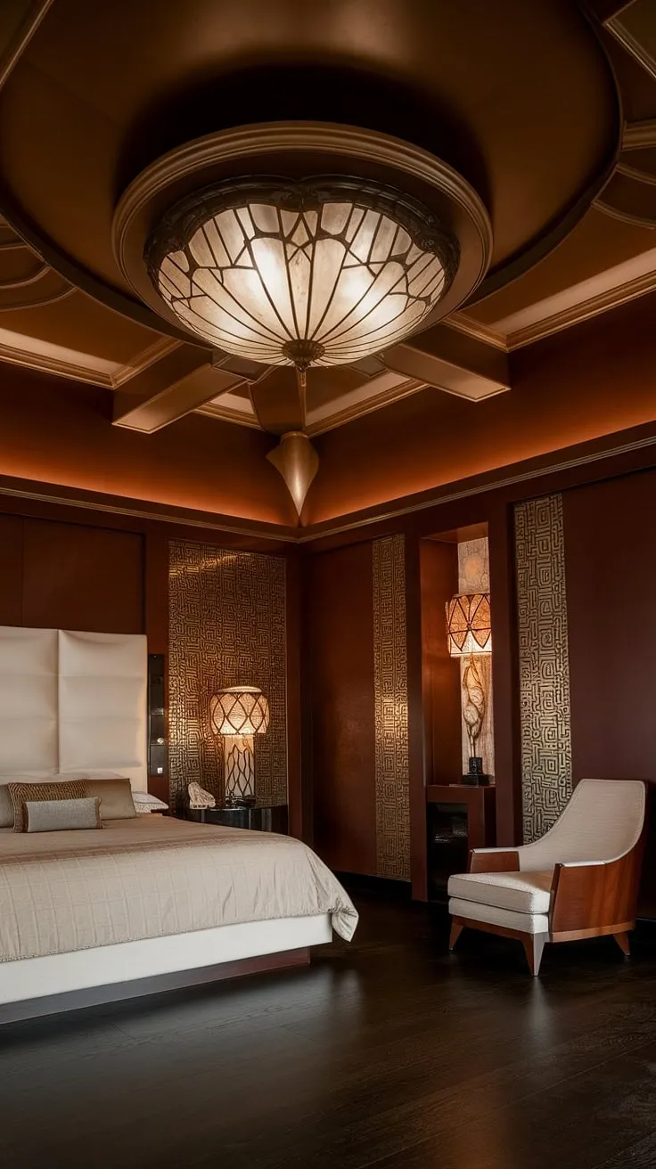 Step into a world of refined elegance. This Art Deco bedroom, with its high ceilings and dramatic lighting, exudes a sense of timeless glamour. The carefully curated details, from the ornate chandelier to the subtle textures, create a space of unparalleled luxury and tranquility. A perfect blend of old-world charm and modern sophistication.
