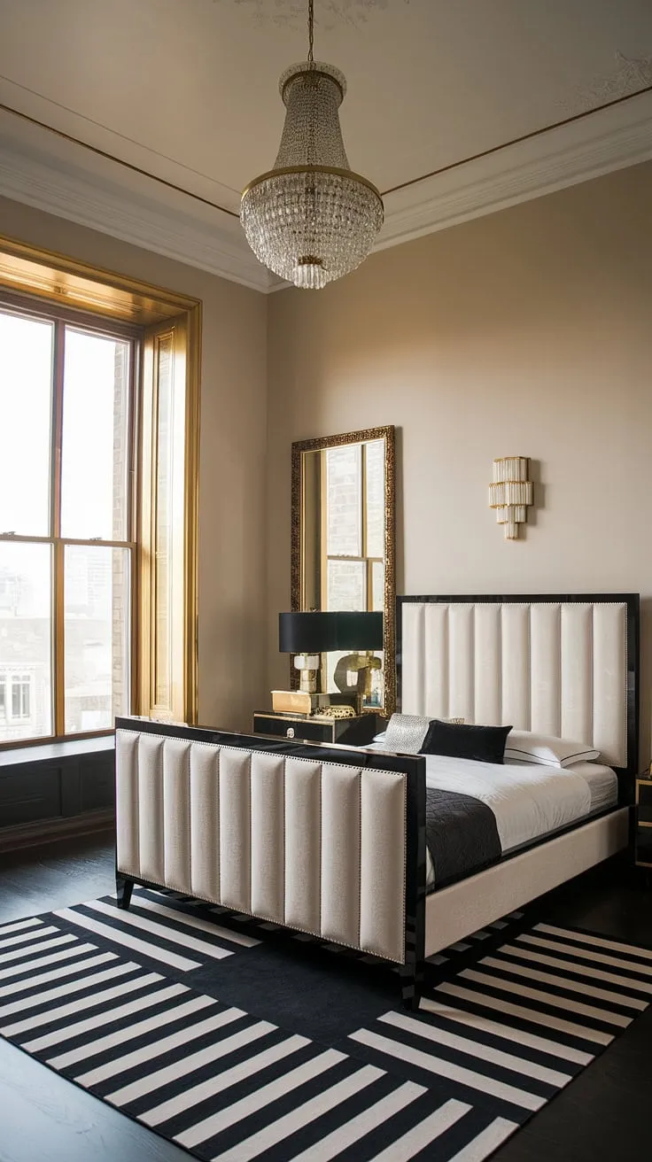 This Art Deco-inspired bedroom is a dream. The black and gold color scheme, the striking chandelier, and the carefully curated details-from the striped rug to the gold-trimmed window-all contribute to an atmosphere of refined opulence. A space designed for relaxation and quiet contemplation.