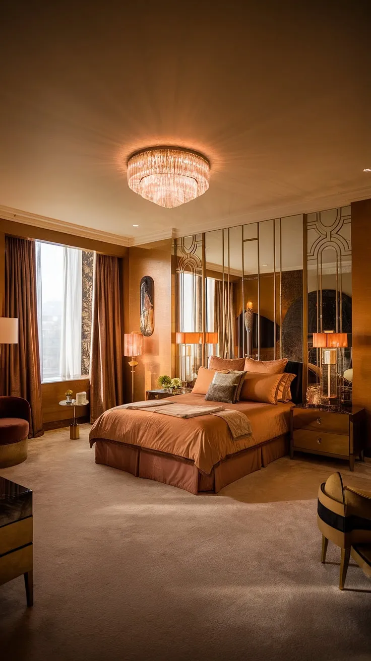 Step into a world of refined elegance. This Art Deco inspired bedroom, with its high ceilings and plush carpeting, offers a sanctuary of comfort and luxury. The warm hues and carefully curated details create an atmosphere of sophisticated tranquility. A testament to timeless design.