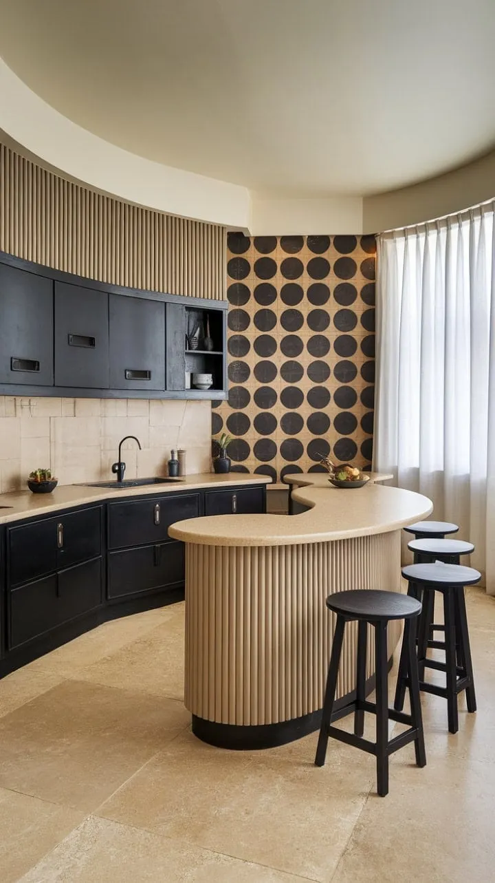 This Art Deco kitchen captivates with its elegant curved island, sleek black cabinetry, and striking geometric details, harmoniously merging style and practicality.