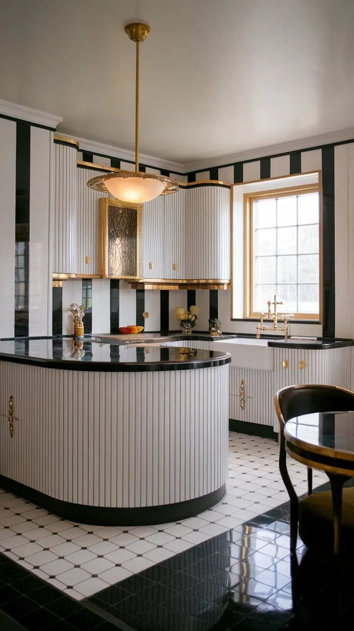 This Art Deco kitchen harmoniously blends geometric lines, luxurious gold accents, and a striking black-and-white palette, creating an elegant and inviting culinary haven.