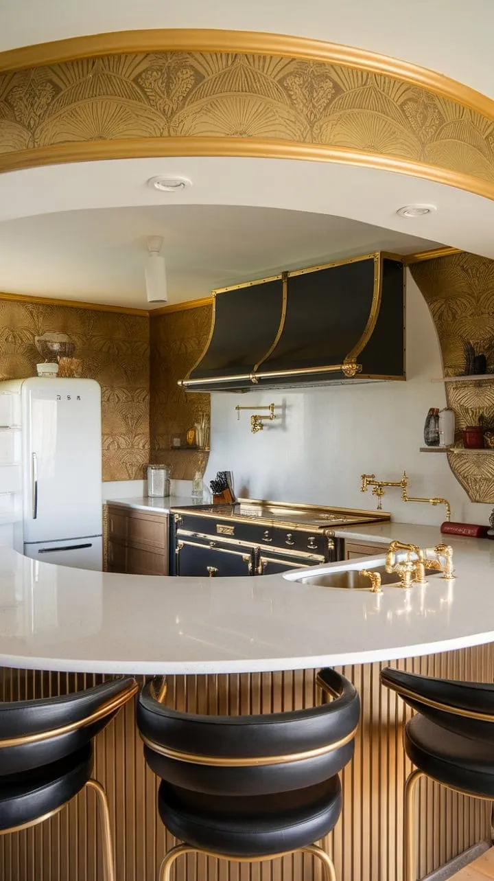 This Art Deco kitchen harmoniously blends curves, gold accents, and bold colors, creating a stunning backdrop for culinary creativity and timeless elegance.