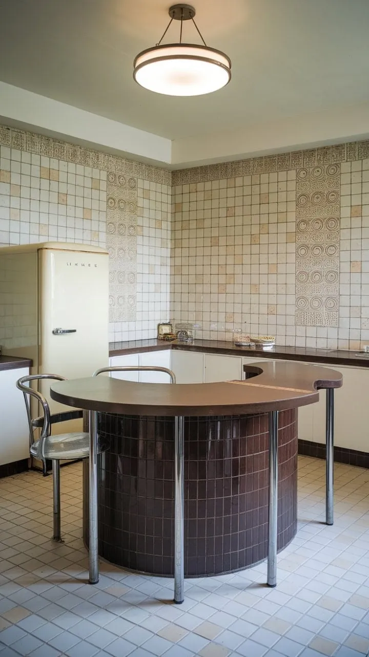 This kitchen harmoniously blends art deco elegance with modern functionality, featuring a striking brown island and vintage appliances that enchant the senses.