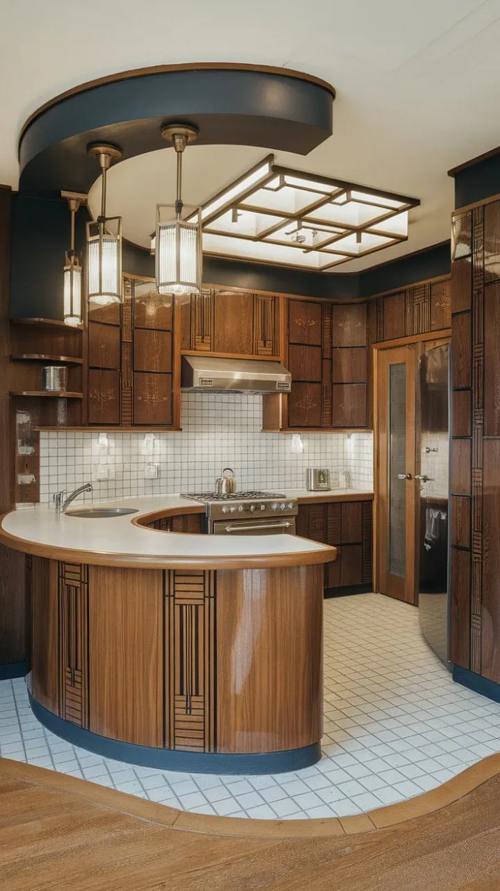 This Art Deco kitchen harmoniously blends geometric precision and rich dark wood, featuring a polished island that inspires culinary creativity and social interaction.