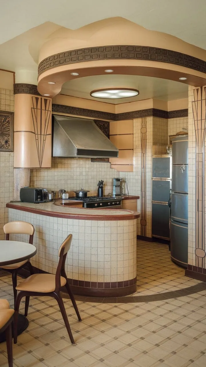 Experience the perfect fusion of culinary artistry and timeless design in this Art Deco kitchen, where a curved island and geometric tiles invite both creativity and elegance.