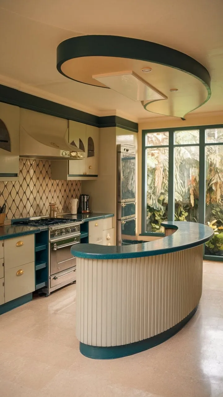 This Art Deco kitchen, a harmonious blend of curved lines and a lush garden view, transforms culinary artistry into an elegant, functional haven for the modern gourmand.