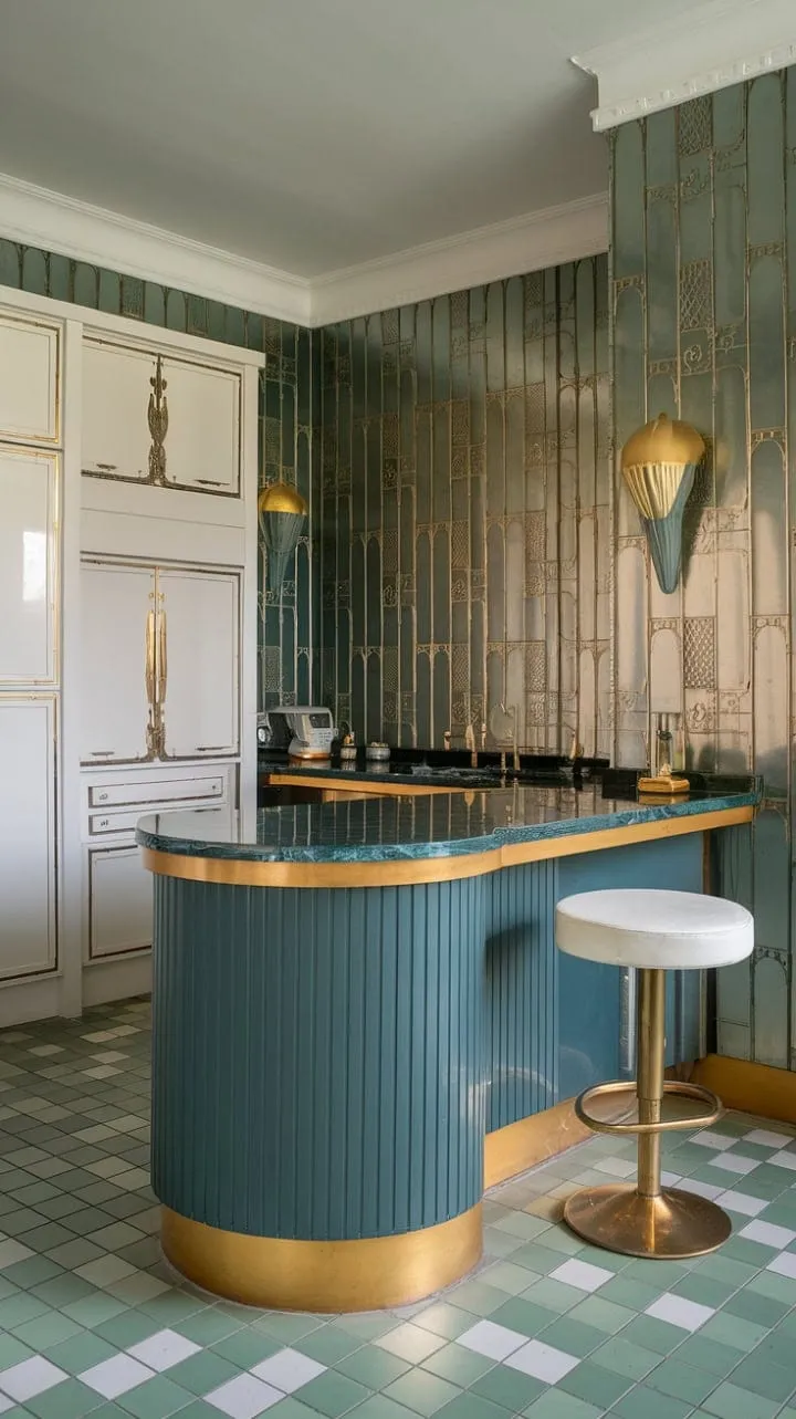This Art Deco dream kitchen harmoniously blends geometric glamour with culinary artistry, featuring rich green marble, gold accents, and elegant white cabinetry for a stunning yet inviting space.