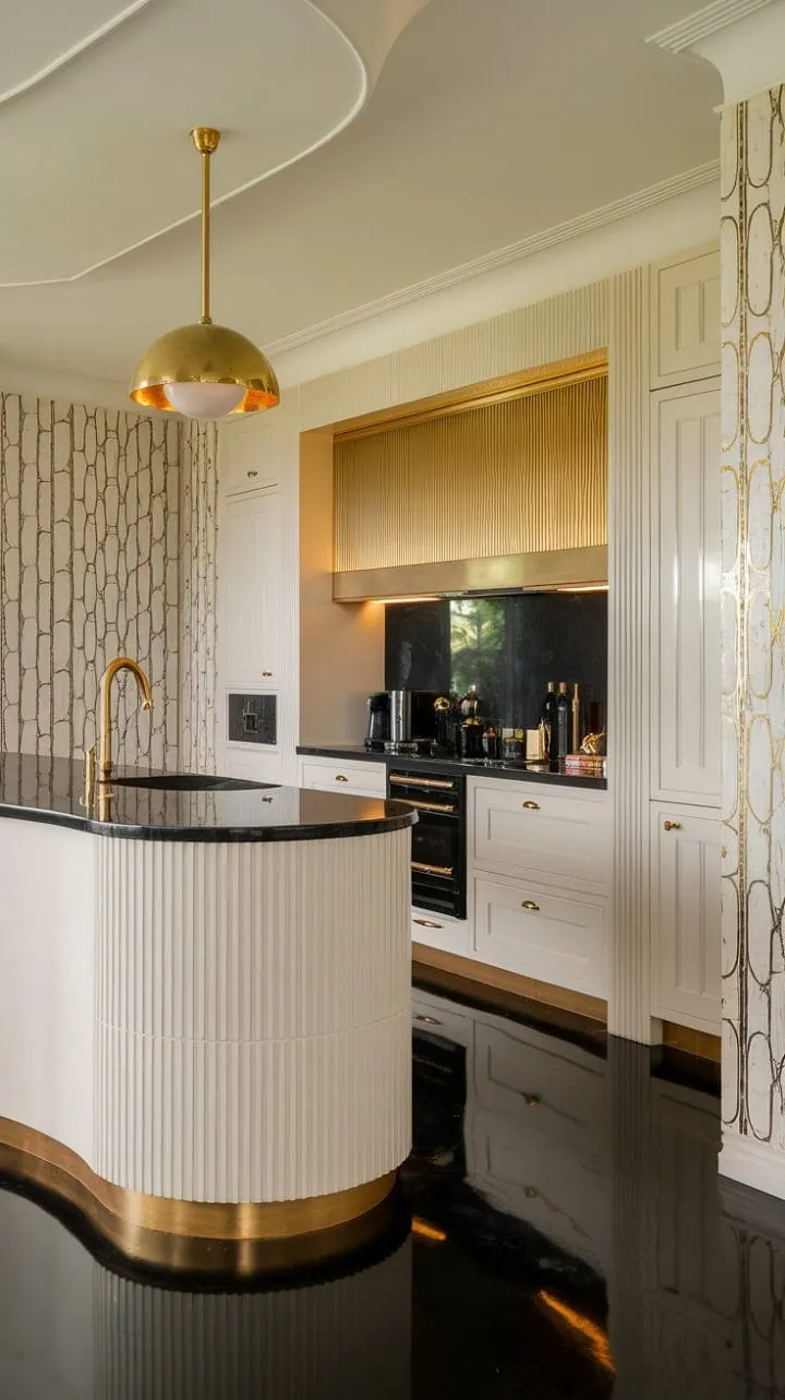 This Art Deco kitchen harmoniously blends elegance and functionality with its gleaming gold accents, sinuous island, and a striking black and white palette.