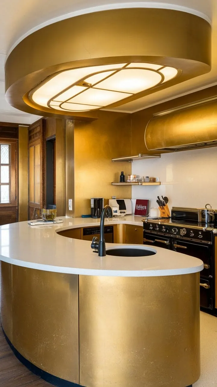 This art deco kitchen harmoniously fuses golden hour elegance with modern practicality, featuring a stunning curved island that celebrates both timeless charm and contemporary design.