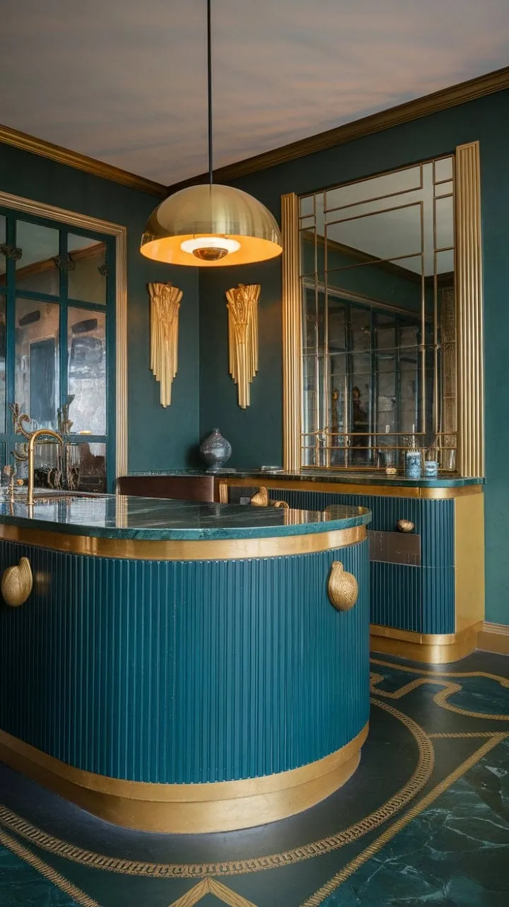 This Art Deco kitchen, awash in golden light and adorned with a dark green marble island, harmoniously blends culinary artistry with timeless elegance.