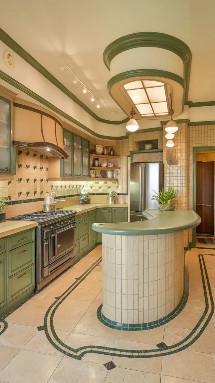This Art Deco kitchen harmonizes elegant curves and a chic beige-and-green palette, with an illuminated island that inspires culinary creativity and celebrates timeless style.